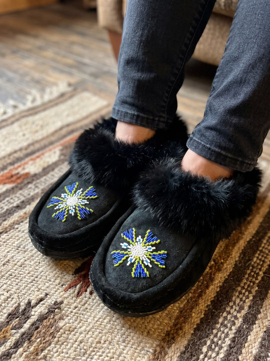 Black Moccasins with Beadwork (Size 10)