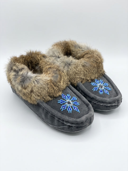 Grey Moccasins with Beadwork (Size 8)