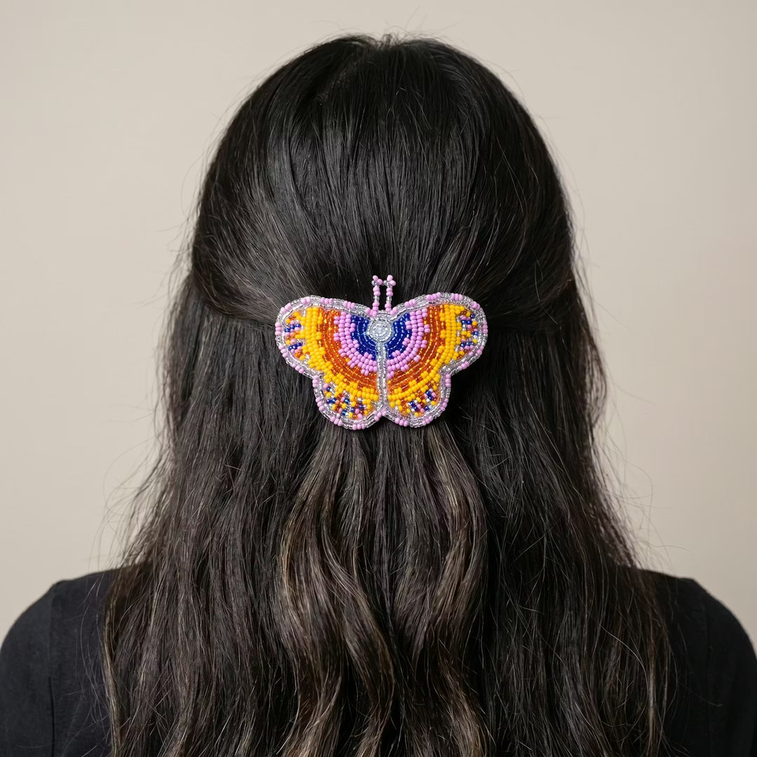 Pink Butterfly Beaded Barrette