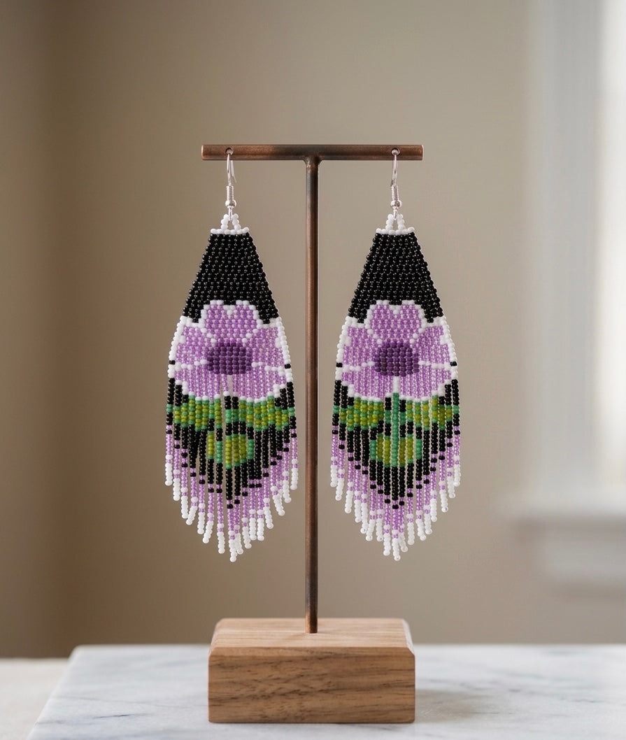 Flower Beaded Earrings ( Purple )
