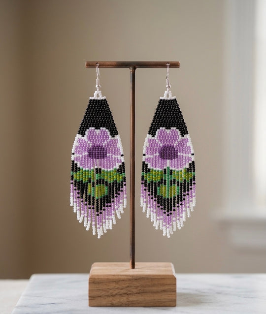 Flower Beaded Earrings ( Purple )