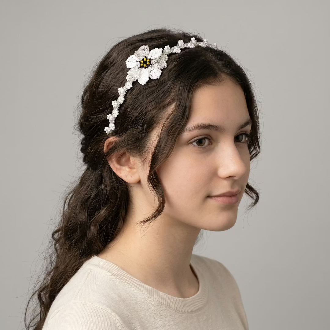 Beaded Headband with Flower White