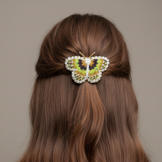 Neon yellow and White Butterfly Beaded Barrette