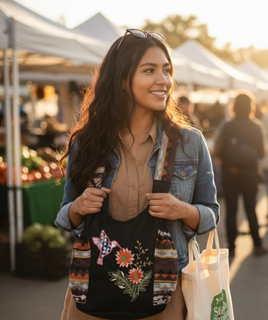 Dancing Hummingbird Embroidered Crossbody Bag