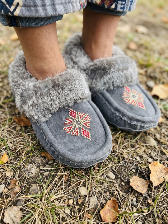 Grey Moccasins with Beadwork (Size 10)