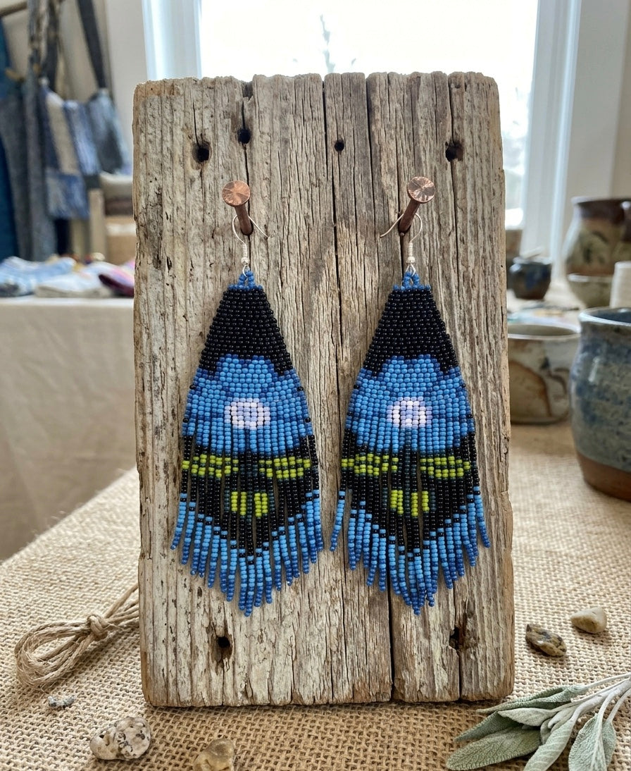 Flower Beaded Earrings ( Blue )