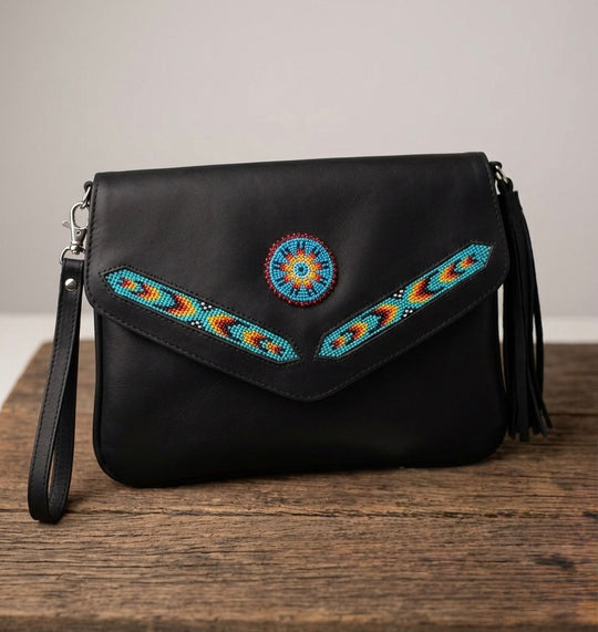 Leather beaded Crossbody bag(Black)