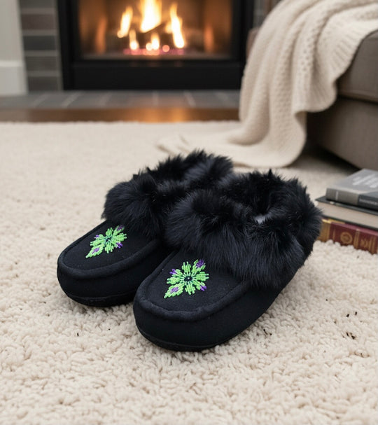 Black and Green Moccasins with Beadwork (Size 9)