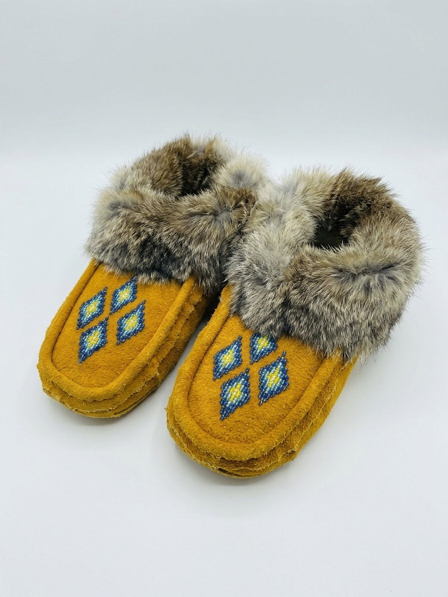 Yellow Moccasins with Beadwork (Size 7)
