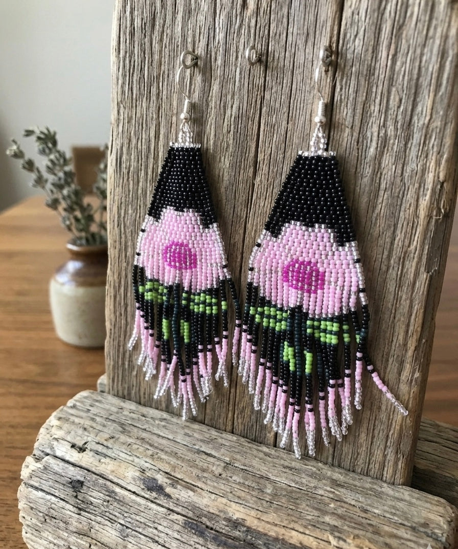 Flower Beaded Earrings ( Pink )