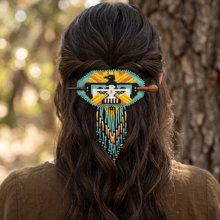 Eagle Fringed Beaded Barrette &amp; Wooden Stick