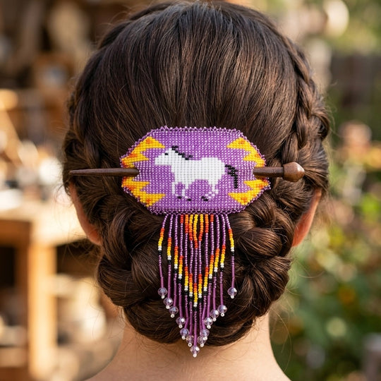 Fringed Beaded Barrette &amp; Wooden Stick Horses