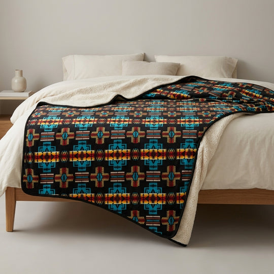 Southwestern Style Sherpa-Lined Queen Blanket(Black and Turquoise )