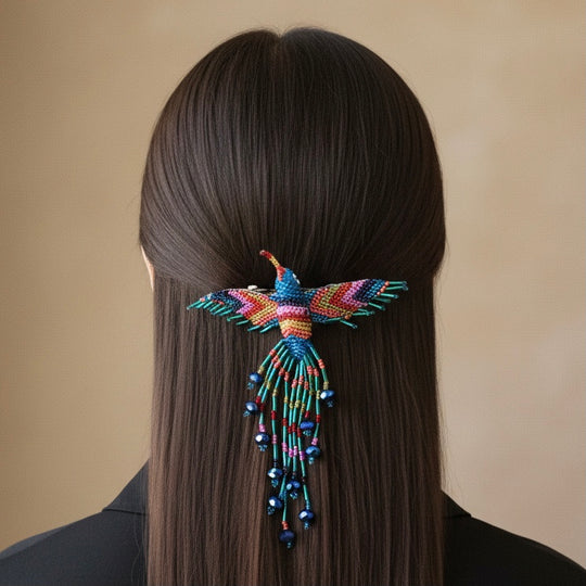 Pink white blue Hummingbird Barrette with Fringes