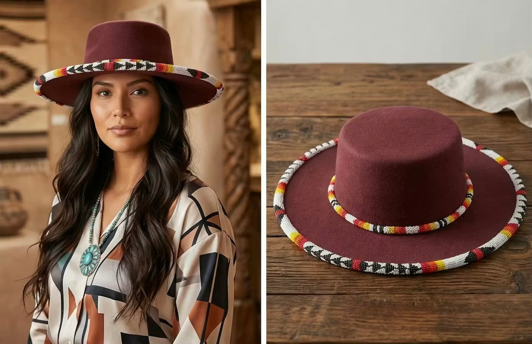 Size-62 Beaded Flat-Brim Felt Hat