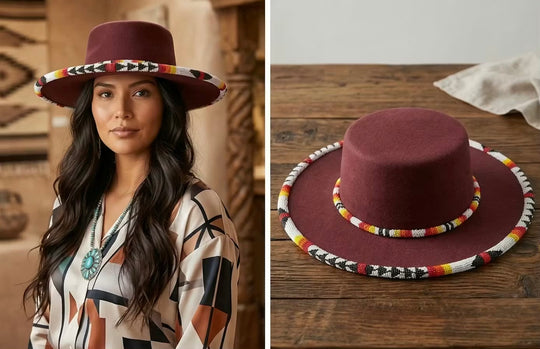 Size-62 Beaded Flat-Brim Felt Hat