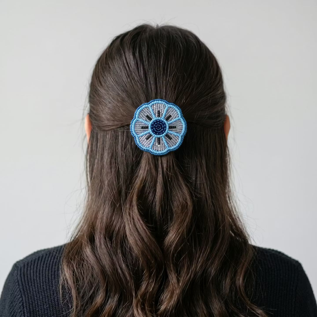 Blue Beaded Flower Barrette