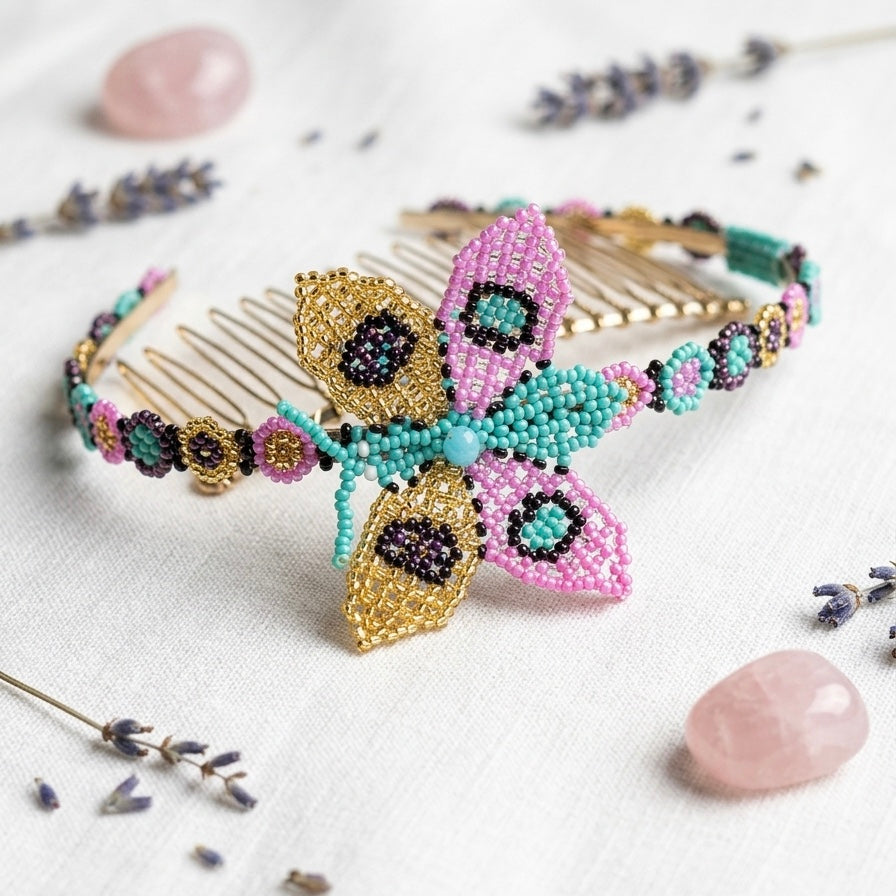 Beaded Headband with Butterfly Purple