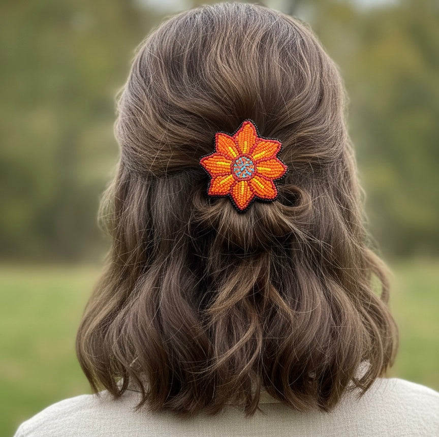 Orange Beaded Flower Barrette