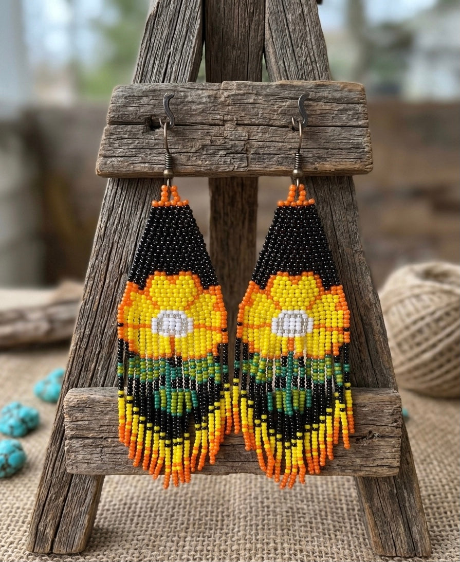 Flower Beaded Earrings ( Yellow )
