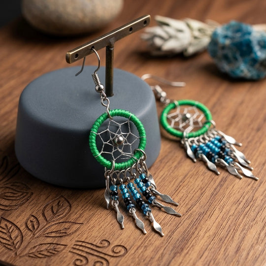 OLDTRIBES™ Green /blue beaded dream catcher earrings