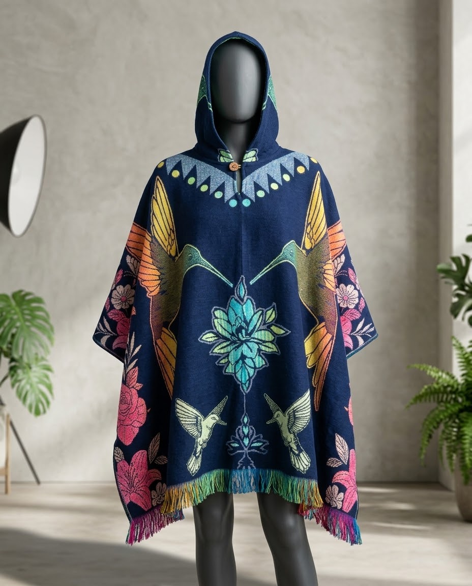 Hummingbirds  / flowers HandMade Wool Poncho