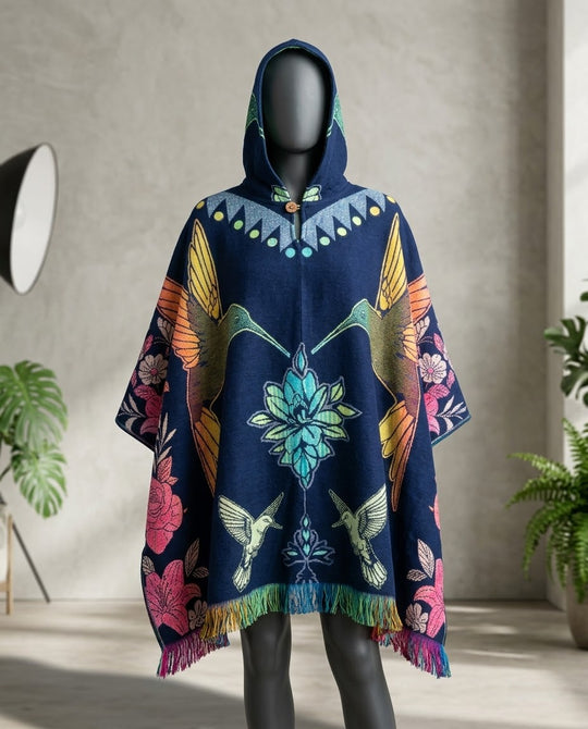 Hummingbirds  / flowers HandMade Wool Poncho
