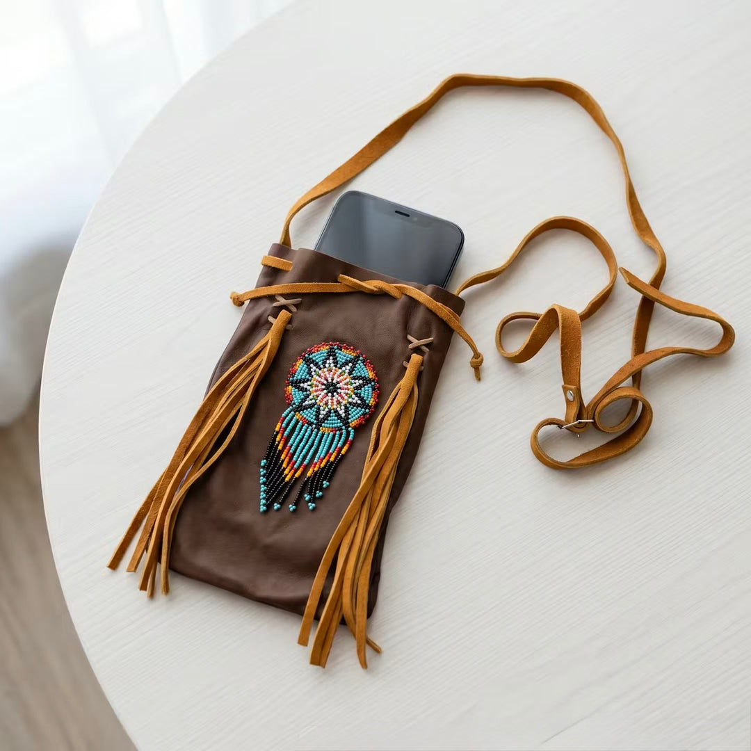 Beaded Suede Phone Pouch ~ Brown