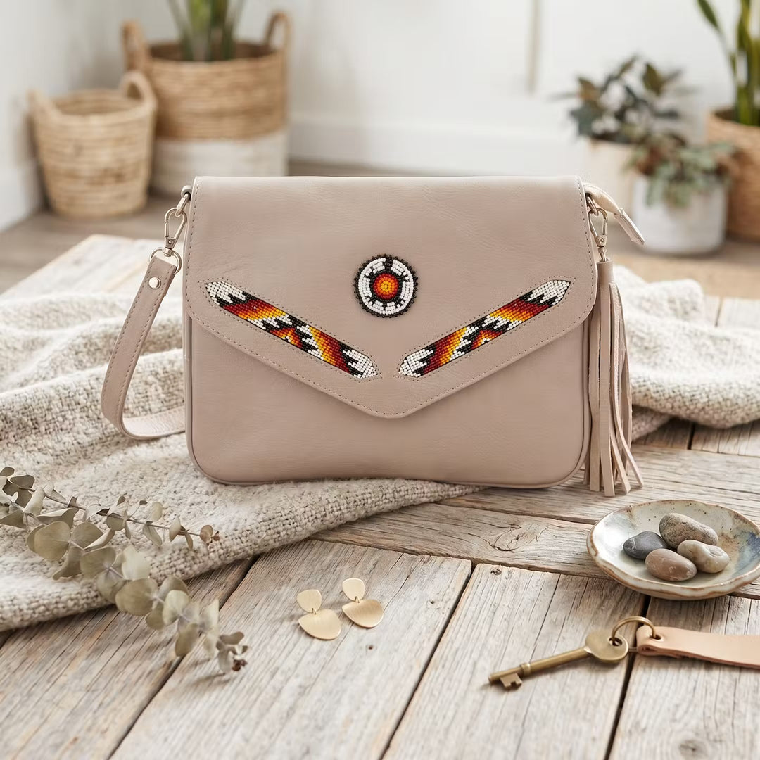 Leather beaded Crossbody bag(Beige)