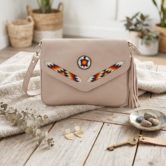 Leather beaded Crossbody bag(Beige)