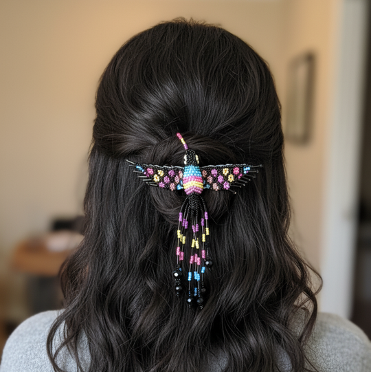 Black and Turquoise Hummingbird Barrette with Fringes