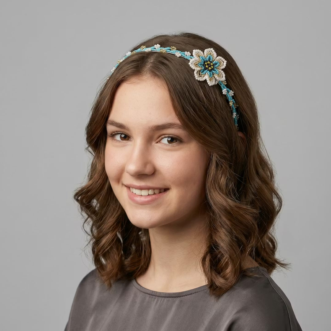 Beaded Headband with Flower Turquoise