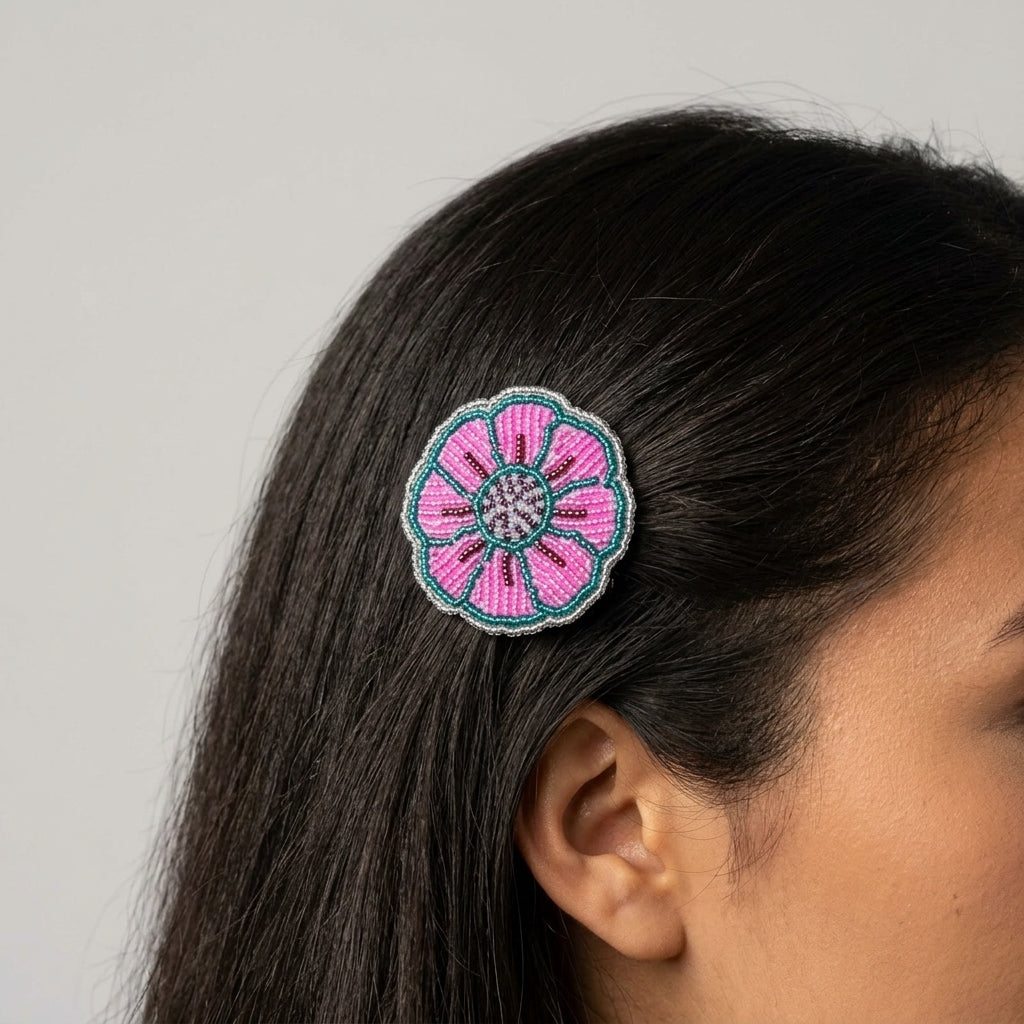 Pink/Purple Beaded Flower Barrette