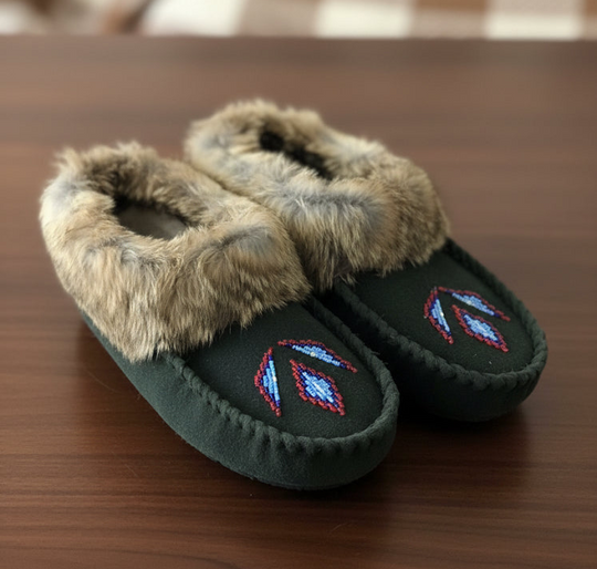 Green Moccasins with Beadwork (Size 8)