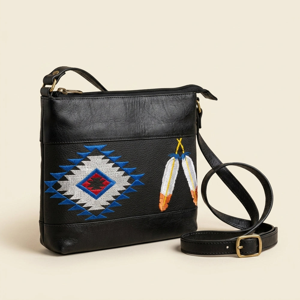 Feather Embroidered Leather Crossbody Bag