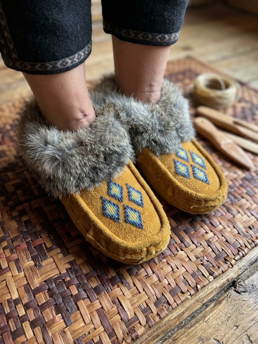 Yellow Moccasins with Beadwork (Size 7)