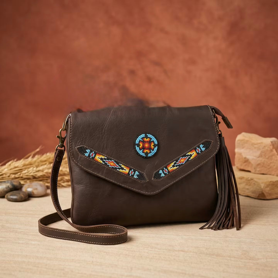 Leather beaded Crossbody bag(Chocolate Brown)