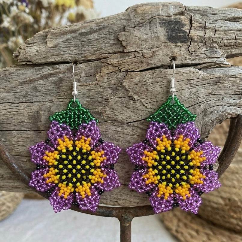 Sunflower Beaded Earrings (Purple)
