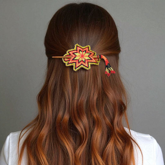 Red Golden Handmade Beaded Star Barrette