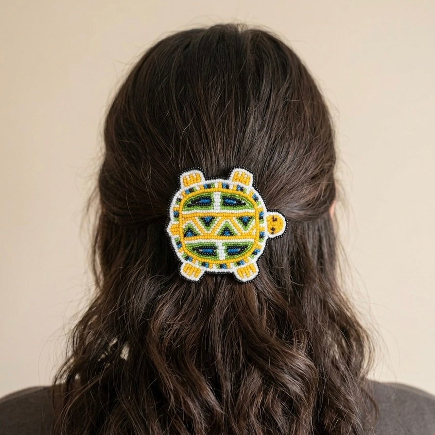 Beaded turtle Barrette Yellow accent