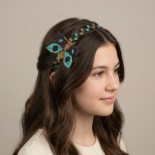 Beaded Headband with Butterfly Turquoise