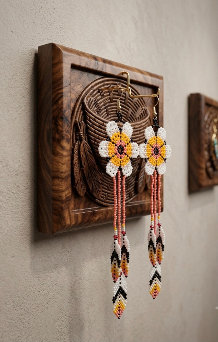 Sun Feather Bloom Beaded Earrings yellow/ white/ peach