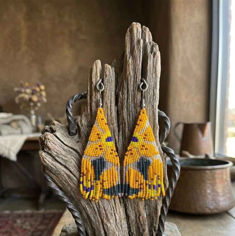 Flower Fringe Beaded Earrings (Mustard)