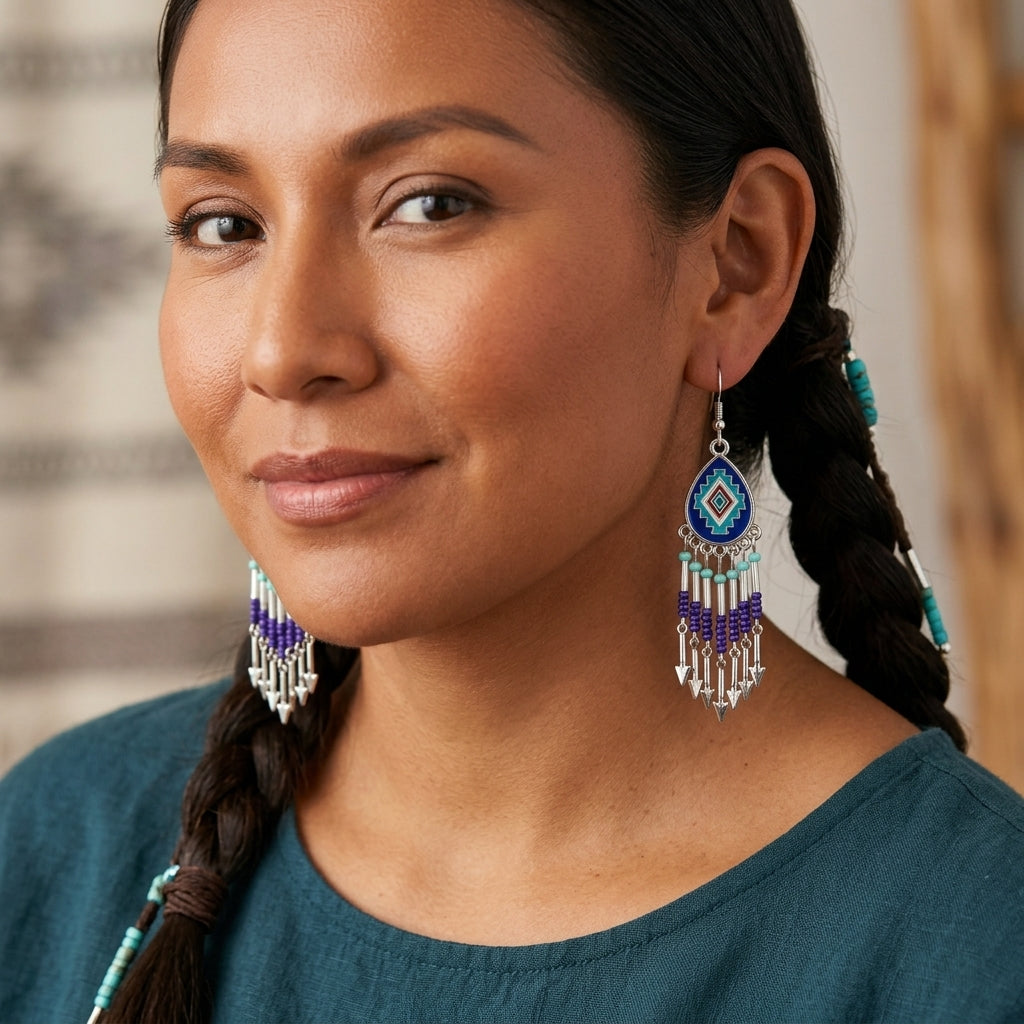 Southwestern Fringe Drop Earrings(Blue)