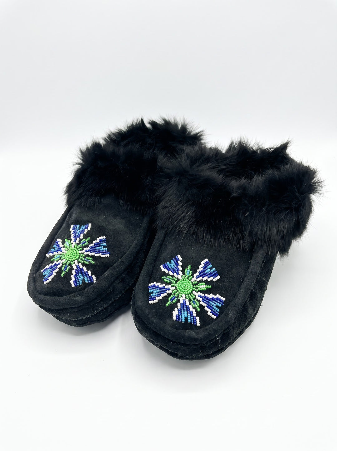 Black Moccasins with Beadwork (Size 8)