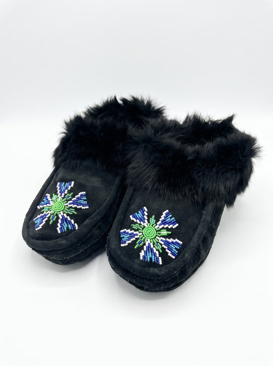 Black Moccasins with Beadwork (Size 8)