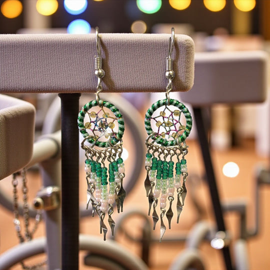 Green and White Beaded Dreamcatcher earrings