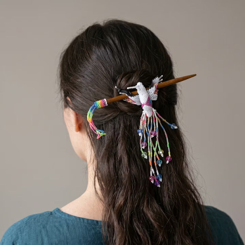 White Hummingbird Beaded Hair Stick