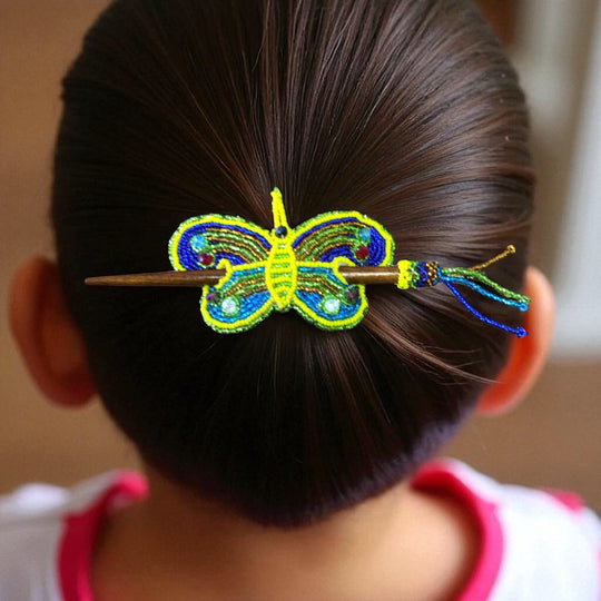 Yellow-Green Handmade Beaded Butterfly Barrete