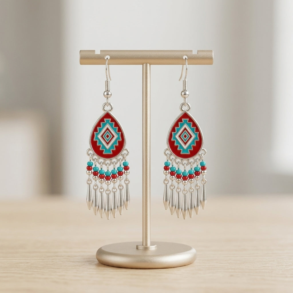 Southwestern Fringe Drop Earrings(Red)